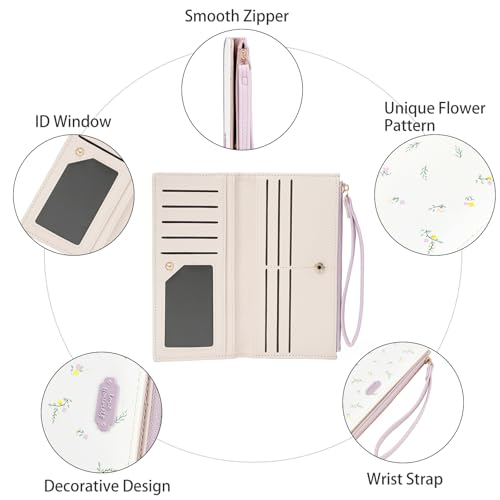 Womens Wallet Ultra Slim Floral Long Bifold Wallet for Women Card Holder with Zipper Pocket - color: C02 Purple