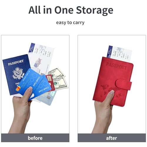 Passport Holder, Passport Cover with Credit Card Slot and Boarding Pass Slot Combo, Passport Wallet Case Book Travel Must Have, RFID Blocking Leather Travel Accessories, Red - color: Red