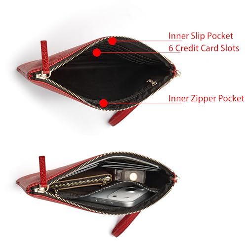 DORIS&JACKY Women Leather Clutch Purse and Phone Wallet with Wristlet Strap - color: Red
