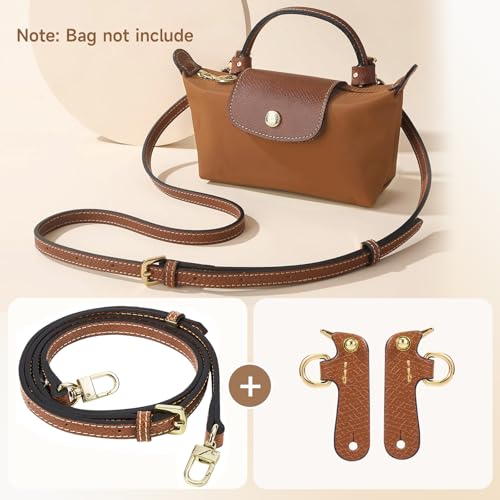 Purse Straps Replacement, Leather Handbag Crossbody Shoulder Strap Kit Adjustable for Mini Longcamp Tote Bag Women - color: Brown Gold