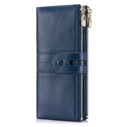 Large Capacity Wallets for Women Soft Leather RFID Blocking Long Wallet Ladies Bifold Clutch Purse Credit Card Holder with Double Zipper Pocket ID Window,Navy Blue - color: NavyBlue