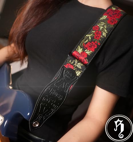 rockyou 2 Inch Woven Jacquard Embroidery Bass Guitar Strap With 4 Picks Pocket Suede Genuine Leather End (Vintage Red Rose) - color: Vintage Red Rose