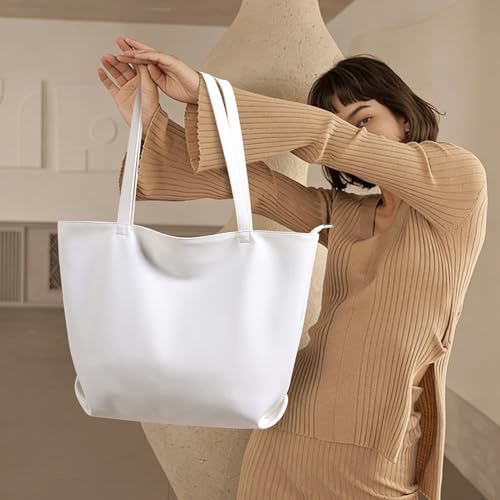 WLLWOO Soft Vegan Leather Tote Bag for Women Large Hobo Zipper Purse | Casual Shoulder Handbags Carryall for Work Daily Weekender Travel Commute - color: White