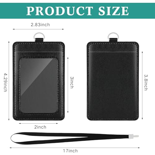 Ireer 12 Pcs ID Badge Holder with Lanyard, PU Leather Card Holder Vertical with Clear ID Access Card Window, Slot for Office Work, School Student, Black