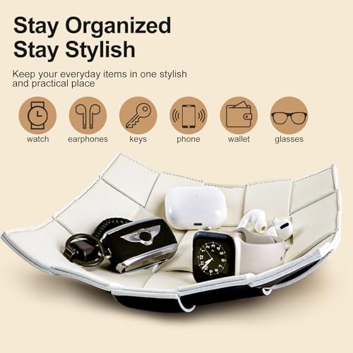 MSJGA Valet Tray for Men and Women PU Leather Key Holder Bowl for Entryway Table Bedside Nightstand Desk Catchall Organizer Tray for Wallet, Watch, Key, Phone Men's Gift - 9.8" L x 9.8" W x 2" H - color: White