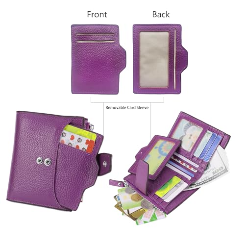 Women's RFID Blocking Leather Small Compact Bi-fold Zipper Pocket Wallet Card Case Purse with id Window - color: Lichee Purple