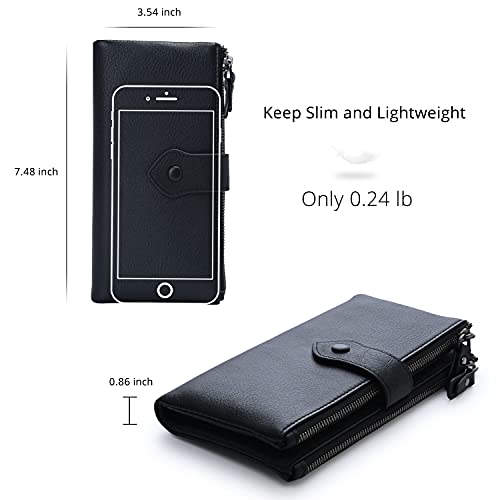 Bveyzi Women Soft Leather RFID Blocking Bifold Slim Wallets Ladies Credit Card Holder Double Zipper Pocket - color: Black