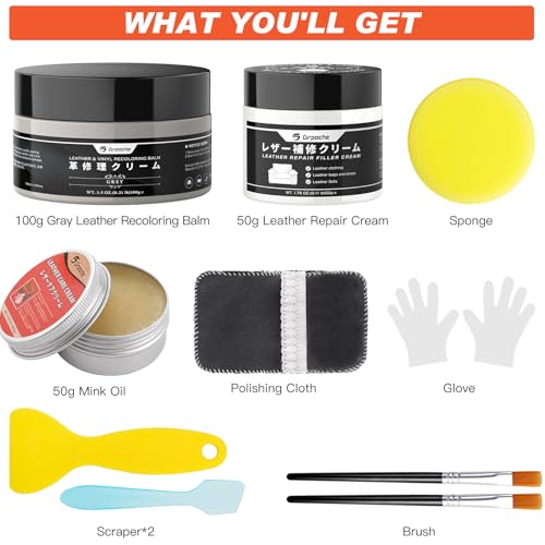 Leather Recoloring Balm Grey, Mink Oil Leather Conditioner & Leather Filler Cream, Leather Repair Kit for Furniture,Vinyl Repair Kit Restore Couches, Car Seats, Purse, Scratch, Peeling, Burn Holes - color: Grey