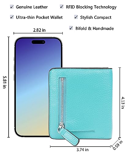 Small Leather Wallet for Women, Ladies Credit Card Holder RFID Blocking Women's Mini Bifold Pocket Purse - color: Sea Blue Rfid Blocking