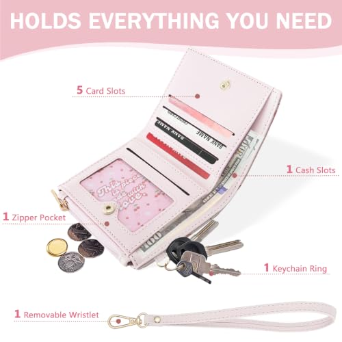 Floral Bow Small Zipper Wallet for Women Girls (BIFOLD-PINK) | Bifold Wallet, Zipper Coin Pocket, ID Window, 5 Card Slots, Removable Wrist Strap - color: BIFOLD-PINK