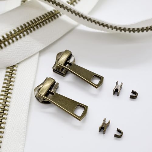 #8 Heavy Duty Metal Zipper by the Yard 3 Yards with 5 Sliders 10 Top Stops and 5 Bottom Stops for Tents Backpacks Outdoor Gear Cushion Covers DIY Pouches and Home Decor(White//Copper Teeth) - color: White//Copper Teeth