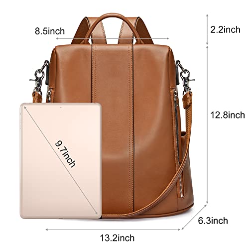 S-ZONE Leather Backpack Purses for Women Antitheft Rucksack Shoulder Bag Medium | Genuine Leather, Medium Fits 9.7-inch Tablet, for Work Travel Daily Commute, Multi Pockets, Adjustable Dual Straps - color: 2-brown