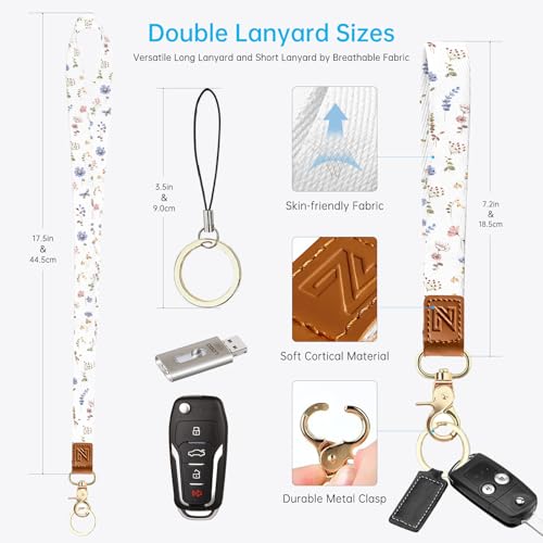 2-in-1 ID Badge Holder & Lanyard Wallet，Cute Zippered Pouch White Flowers 2 | for Teachers,Nurse,Professionals，Removable Wristlet & Neck Lanyard,5 Card Slots Stylish Work Essential - color: White Flowers 2