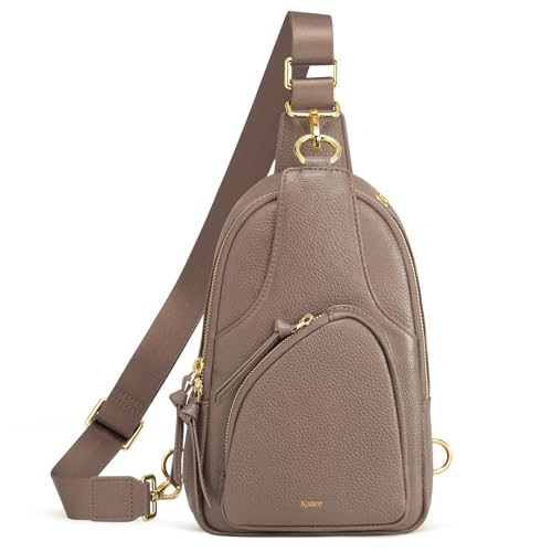 Kattee Sling Bag for Women, Leather Crossbody Bags for Travel, Khaki | Top grain pebbled cowhide leather fanny pack crossbody purse. Small chest bag with RFID blocking for travel. - color: Khaki