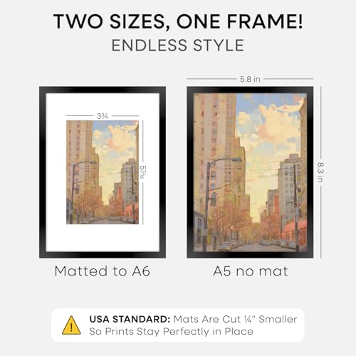 Homeforia A5 Black Picture Frame, High-End Metal, A6 Mat, Glass | High End Aluminum, Tempered Glass, Acid-Free A6 Removable Mat, A5 Edge-to-Edge Display, Wall Kit, Set Of 1 - color: Carbon Black, size: A5