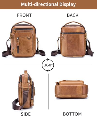 Leather Crossbody Bag for Men with Double Compartments | Genuine cowhide,two roomy sections,adjustable strap,zip closure,ideal for work,commuting,travel and gifts - color: Brown-1