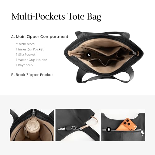 befen Soft Genuine Leather Tote Bag for Women Work with Zipper Slouchy Bags | Real Leather, Slouchy Shoulder Bag, Cup Holder, Travel Purse, Handbag for Daily & Travel, Zipper Tote Bag - color: Black
