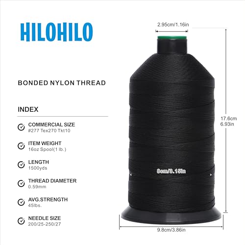 Extra Strong Bonded Nylon Thread #277 Tex270 – 16 OZ, 1500yds, Versatile Stitching Solution for Leather, Upholstery, Canvas Repair and More (Black) - color: Black, size: #277 Tex270 Tkt10