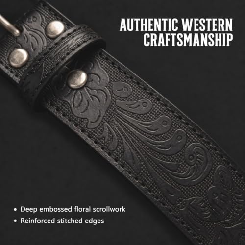 Western Leather Belt Strap - 1.5” Wide Embossed Scrollwork Without Buckle | For Men & Women, Cowboy/Cowgirl Style With Snaps - color: Black, size: X-Small (26-27" Waist)