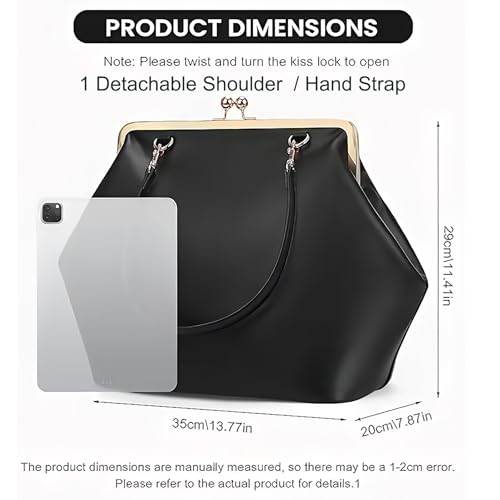 Kiss Lock Frame Handbag, PU Leather Shoulder Tote Bag Messenger Hobo Clutch Purse for Women Formal Work Leisure - color: Pure Black