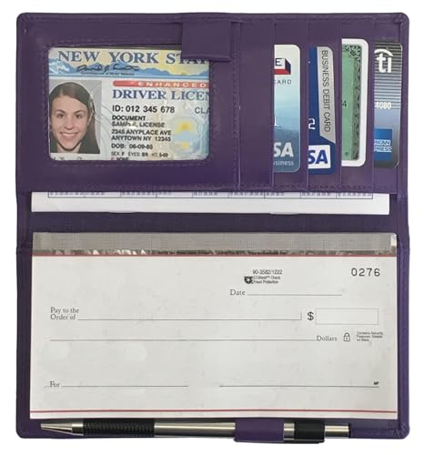 RFID Leather Checkbook Cover With Credit Card Slots and Pen Holder - color: Dark Purple