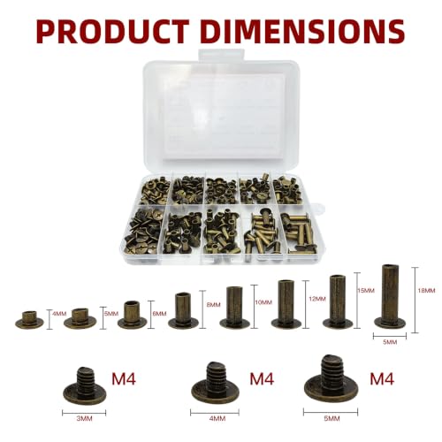 110 Sets Bronze Chicago Screws Assorted Kit, 8 Sizes of Round Flat Head Leather Rivets Metal Screw, Used for Leather Crafts, Clothing, Shoes, Belts, Bags and Custom-Made Items - color: Bronze M5-4,5,6,8,10,12,15,18