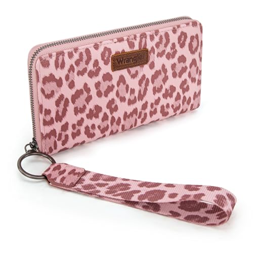 Wrangler Pink Wallet for Women Ladies Female Leopard Print Large Wristlet Wallets, Card Cases & Money Organizers Clutch Phone Wallets Western Credit Card Zipper Wallet with RFID Lining - color: Leopard-Pink