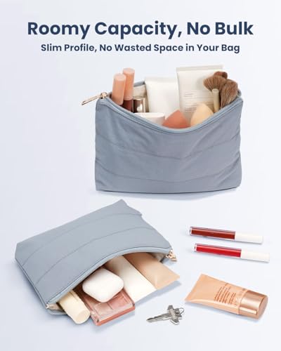 Wandering Nature Small Makeup Bag 2 Pack Cosmetic Bag for Purse, Puffer Quilted Makeup Pouch, Cute Travel Pouch with Zipper for Women, Gray Blue - color: Gray Blue