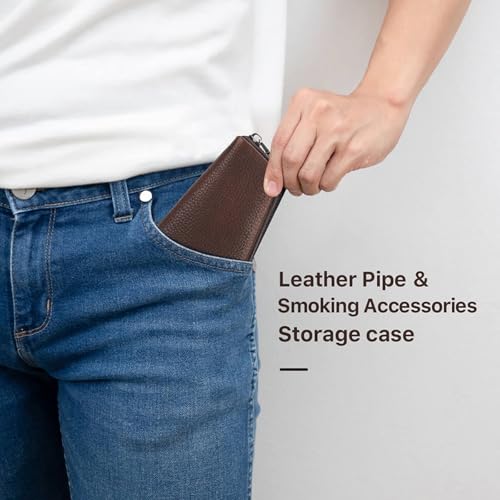 Hiram Handcrafted Pipe Tobacco Pouch, Full Grain Embossed Leather Smoking Pipe Storage Organizer Portable Accessories Tobacco Pouch and Lighter