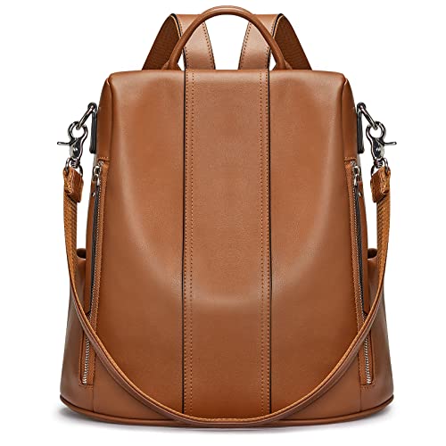 S-ZONE Leather Backpack Purses for Women Antitheft Rucksack Shoulder Bag Medium | Genuine Leather, Medium Fits 9.7-inch Tablet, for Work Travel Daily Commute, Multi Pockets, Adjustable Dual Straps - color: 2-brown