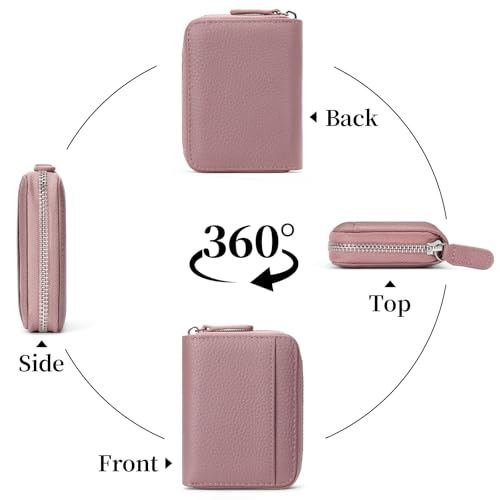 SENDEFN RFID Credit Card Holder for Women Small Leather Zipper Card Case Wallet 15 Slots - color: J-Pink