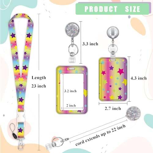 ID Badge Holder with Lanyard,Retractable ID Badge Card Holders Detachable Neck Lanyard Strap with Badge Reel and Vertical ID Holder for Nurse Students Teachers Office Staff(Colorful Stars) - color: Colorful Stars