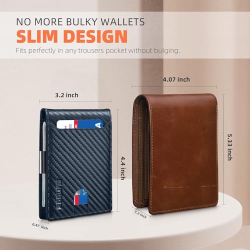 RUNBOX Slim Wallet for Men - RFID Blocking Leather Bifold with Money Clip | Minimalist Front Pocket Wallet Holds 11 Cards,Slim Thin Design,RFID Blocking Protection, Practical Birthday Gifts for Men - color: Carbon Blue
