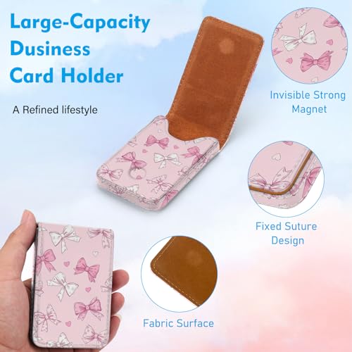 Business Card Holder, PU Leather Printing Business Card Case Pocket with Magnetic Shut, Portable Business Card Carrier Holder for Women or Men (Bow) - color: Bow