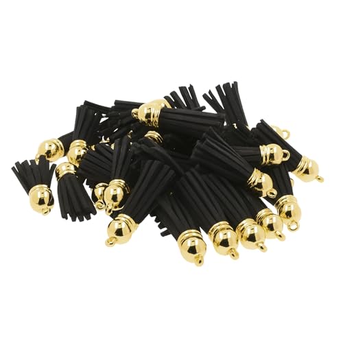 Mandala Crafts Gold Cap Black Faux Suede Leather Tassels, 100 PCs - color: Gold Cap Black Suede