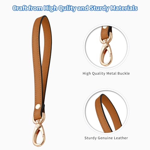 Genuine Leather Wristlet Strap - Universal Hand Lanyard Replacement - color: Gold - Brown