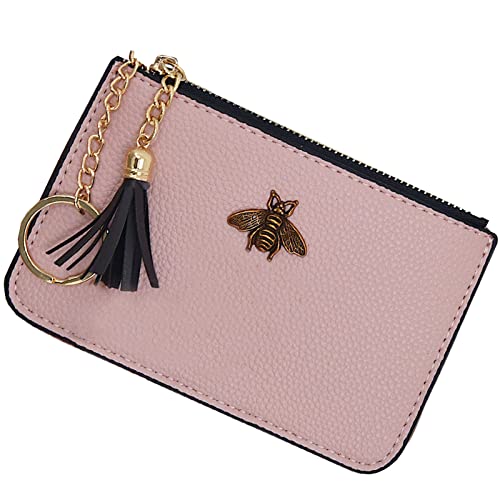 Women's Coin Purse Change Wallet Pouch Leather Card Holder with Key Chain Tassel Zip (Light Pink) - color: Light Pink