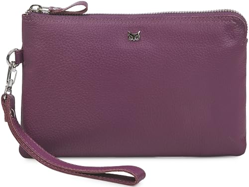 Leather Wristlet Wallet for Women Clutch Handbag Purse with Cell Phone Slot | Genuine Top Grain Leather, 8 Credit Card Slots, Detachable Strap, YKK Zipper, Gifts for Women - color: Amethyst Nappa
