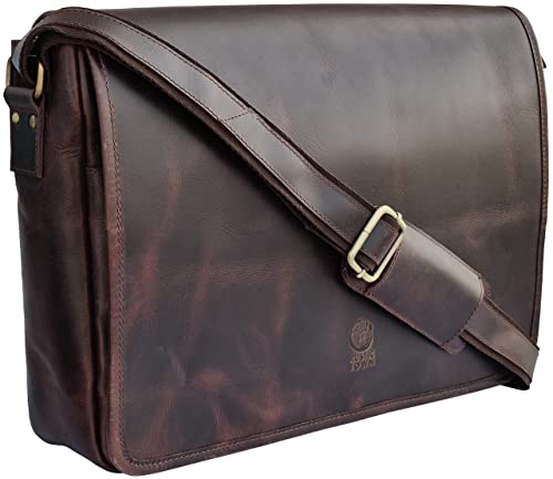 Leather Messenger Bag for Men - 16 Inch Full Grain Vintage Laptop Satchel | Crossbody Office Bag Fits 16" Laptop, Quick Access Pockets, Adjustable Shoulder Strap, Magnetic Closure, Travel Trolley Strap - color: Dark Brown