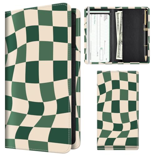 Checkbook Cover for Personal Checkbook, Cute Pu Leather Check Book for Women & Men, Slim Checkbook Holder with Pen Holder and Built-in Clear Plastic Divider, Green Checker - color: Green Checker