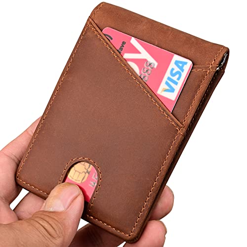Slim Wallet with Money Clip RFID Blocking Minimalist Bifold Wallet for Men Genuine Leather Front Pocket Card Holder - color: AS260 - Khaki (Finger Groove)