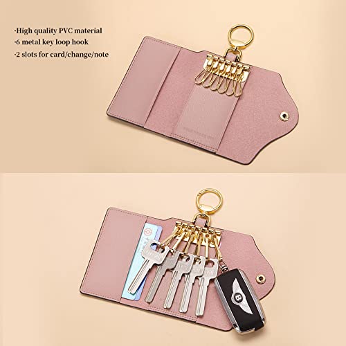 GOLF SUPAGS Women PVC Leather Car Key Chain Card Holder Wallet Pouch 6 Hook Snap Closure keys Money Organizer Case | Card Holder - color: Shaded Ice×Smoky Pink