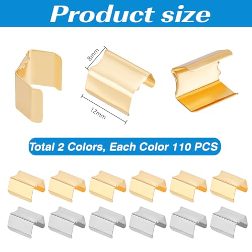 PH PandaHall 220pcs Fold Over End Caps Fasteners Clamps Ribbon Crimp End Caps, Silver Gold Leather Rope Clips for DIY Craft Jute Leather Bracelet Necklace Macrame Tassel, 12x8mm