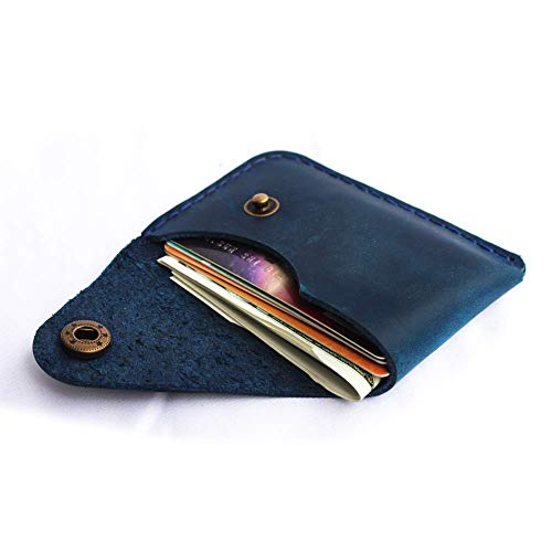 Handmade Leather Card Holder with Snap Closure - Ultra-Thin Minimalist Front Pocket Wallet, Hand-Stitched Genuine Leather Simple Card Case for Men & Women(Blue) - color: Blue