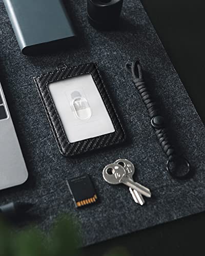 VULKIT ID Badge Holder with Lanyard for Women and Men Vertical Leather Badge Holder with Clear ID Window Card Holder Slot and Money Pocket Carbon Fiber - color: Carbon Fiber Black
