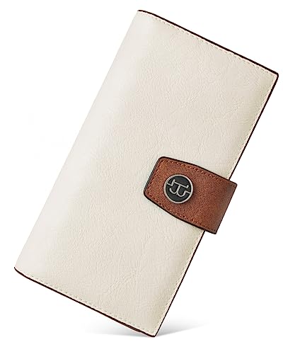 BOSTANTEN Womens Leather Wallet RFID Large Capacity Credit Card Holder | 20 Card Slots, Phone Holder, Zipper Coin Pocket, Clutch Wallet, Long Bifold, Ladies Gifts, Apricot - color: D-Beige＆Brown