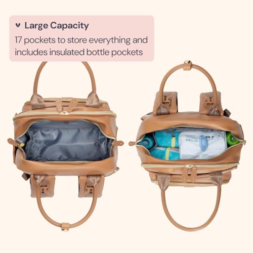 BabbleRoo Leather Diaper Bag Backpack - Baby Essentials Travel Baby Bag, Multi function, Water Resistant, with Changing Pad, Stroller Straps & Pacifier Case – Unisex, Light Brown - color: Vegan Leather Light Brown, size: Large