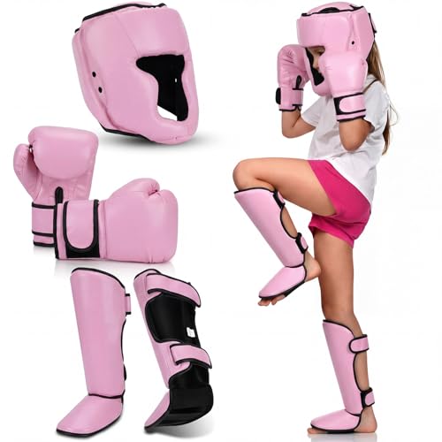 Arrowbash 5 Pcs Boxing Guards Set for Kids with Sparring Headgear, 6oz Boxing Gloves and Leg Shin Guards Wrestling Headgear for Youths Teens Boys Girls Kickboxing Karate Muay Thai BJJ Training - color: Pink