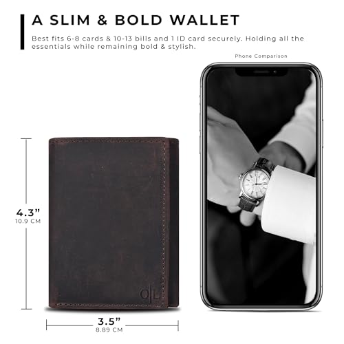 Trifold Leather Wallet for Men - RFID Slim Minimalist Front Pocket 6 Slots - color: Hunter Brown