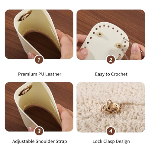 beinkmake PU Leather Purse Crochet Set, Beige Oval Bag Bottom with Flap Cover and Adjustable Shoulder Strap, DIY PU Leather Bag Knitting Set for Handbag Purse and Crossbody Bags Making - color: White